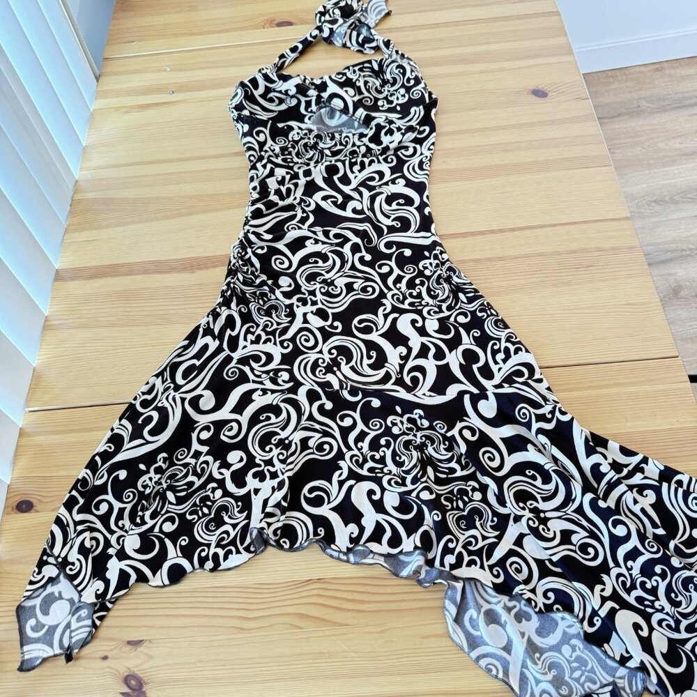 Y2K Ruby Rox Brown Floral Mini Dress Ruched Halter Fairy 90s Asymmetrical Hem S - Picture 5 of 10